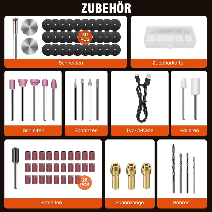 3.7V Multifunktionswerkzeug, 5 Gang Gravierstift (3000-18000rmp), mit 80 Stück Zubehörteilen Akku Ro