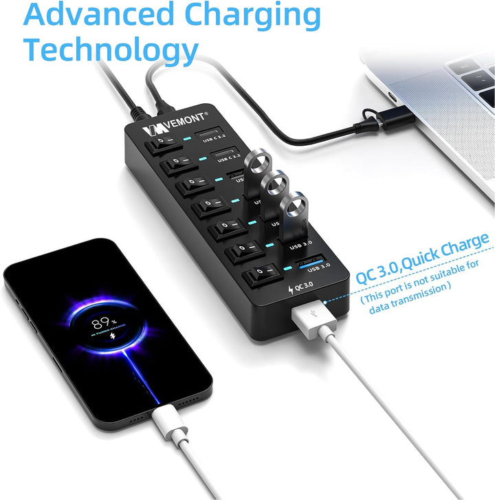 USB 3.2 Hub mit Netzteil, VEMONT 8-Port USB C Hub mit 10Gbps Port &amp; 12V/4A Schwarz 8 Ein Netzteil +