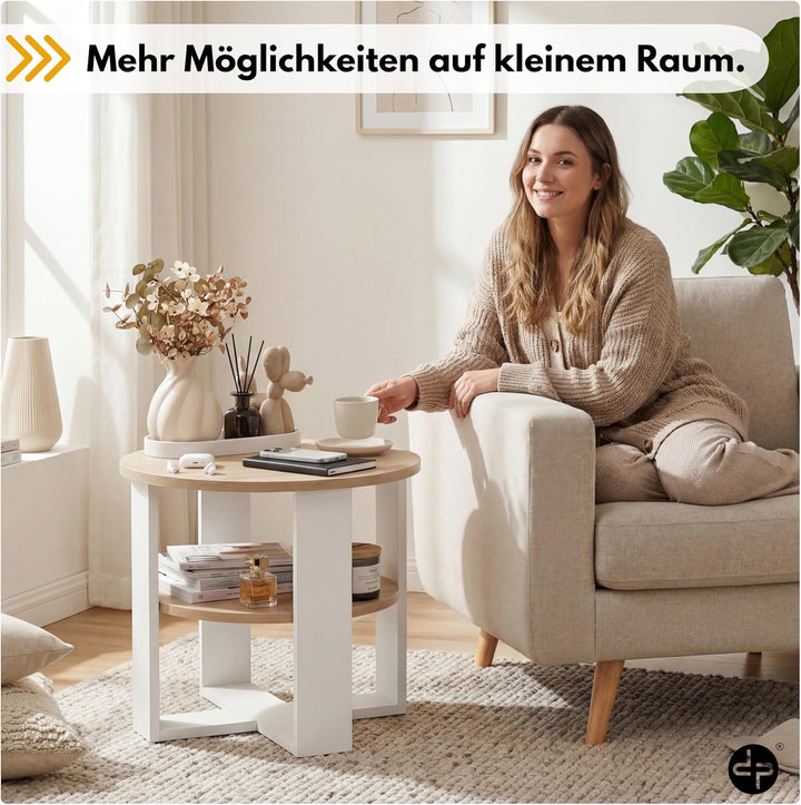 Couchtisch rund Ø53 cm - Kleiner Beistelltisch mit Ablage - Sonoma Eiche - 2 Ebenen, runder moderner