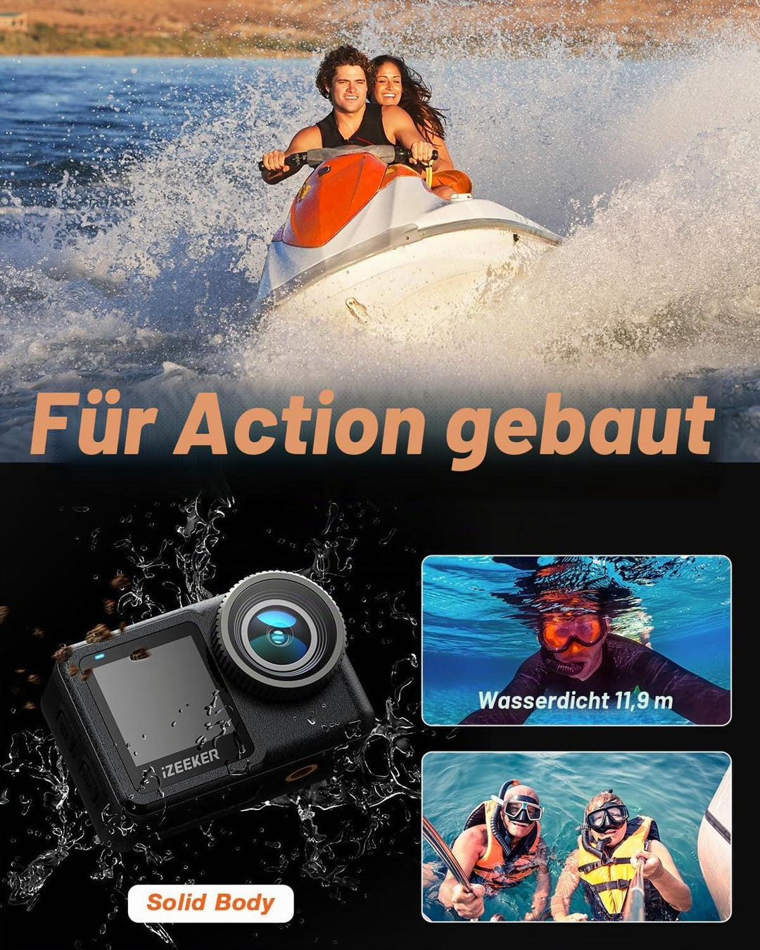 iZEEKER Action Cam 4K 20MP, 40M Wasserdicht Unterwasserkamera, 12M Wasserdicht ungeschützt, Vlog Cam