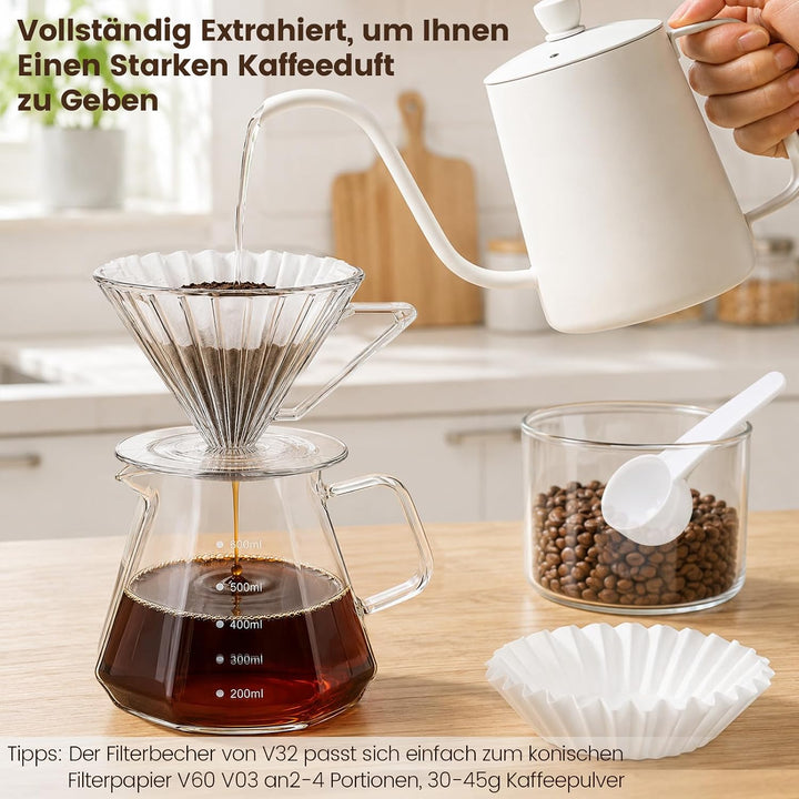 Pour Over Kaffeebereiter, 600ml Borosilikatglas-Karaffe | mit Glasdeckel, Übergiess-Kaffeetropfer fü