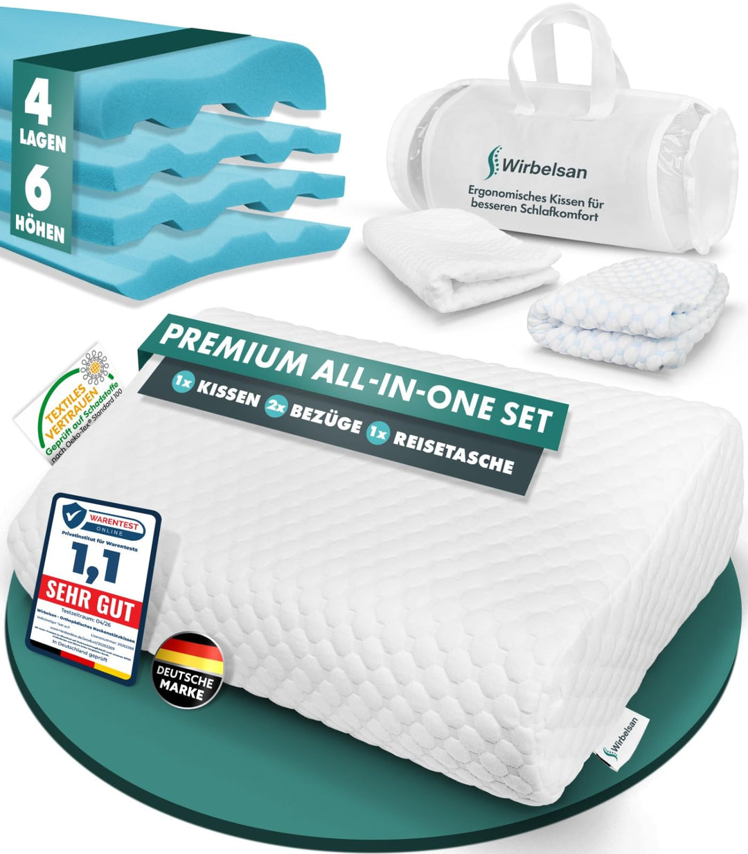Ergonomisches Nackenstützkissen aus Memory Foam, Höhenverstellbar mit 4 Lagen &amp; 6 Höhen, inklusive 2