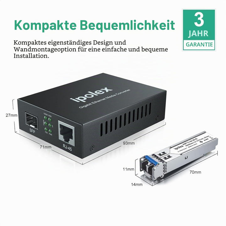 ipolex Gigabit Ethernet Medienkonverter LWL Glasfaser Singlemode LC, mit 1G SFP LX Transceiver-10/10