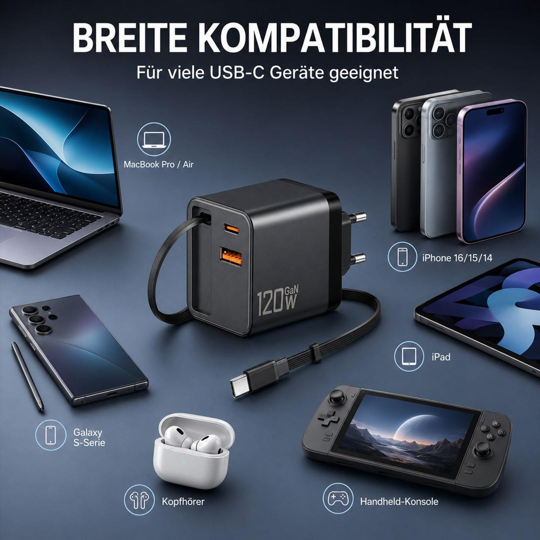 ERBO USB C Ladegerät 120W GaN, Schnellladegerät mit Einziehbarem Ladekabel, USB-C Kabel, 3-Port USB-