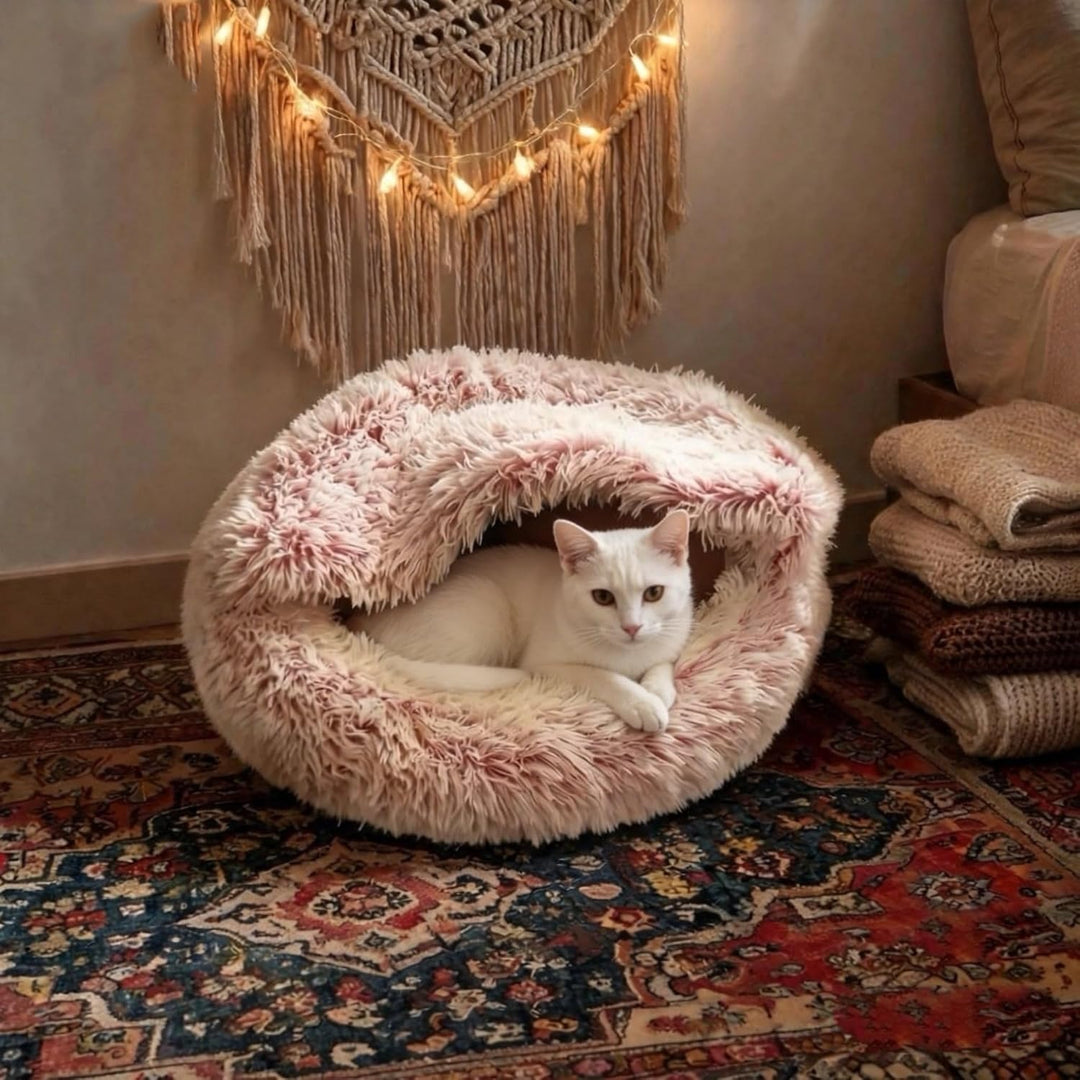 Flauschig Haustierbett Waschbar Katzenbett Hundebett Plüsch Katzenkissen Warm Kuschelbett mit Kapuze