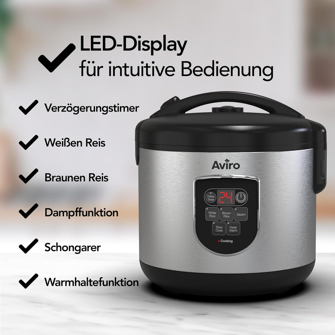 Aviro Reiskocher – Slow Cooker – 1,2 l – 7 Funktionen – Warmhaltefunktion – Reiskocher – Antihaftbes