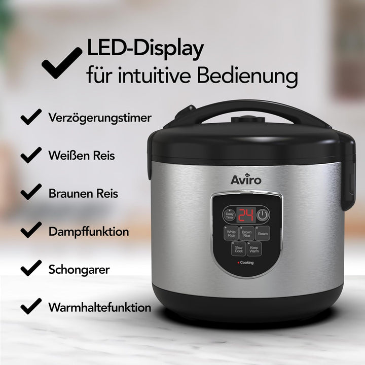 Aviro Reiskocher – Slow Cooker – 1,2 l – 7 Funktionen – Warmhaltefunktion – Reiskocher – Antihaftbes
