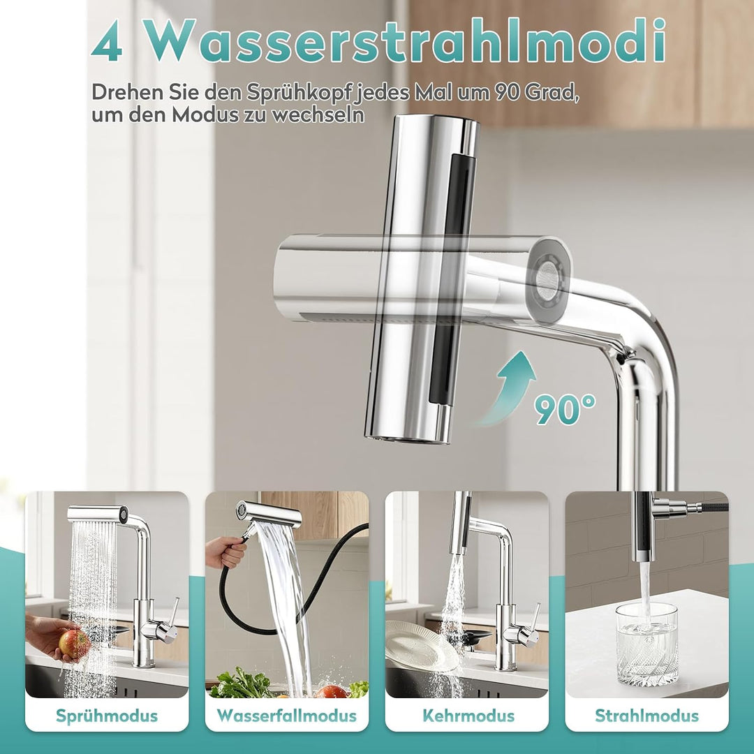 MIAOHUI Wasserhahn Küche mit Glasspüler, Chrom | 4 Funktionen Armatur Küche Ausziehbar, Einhebel küc