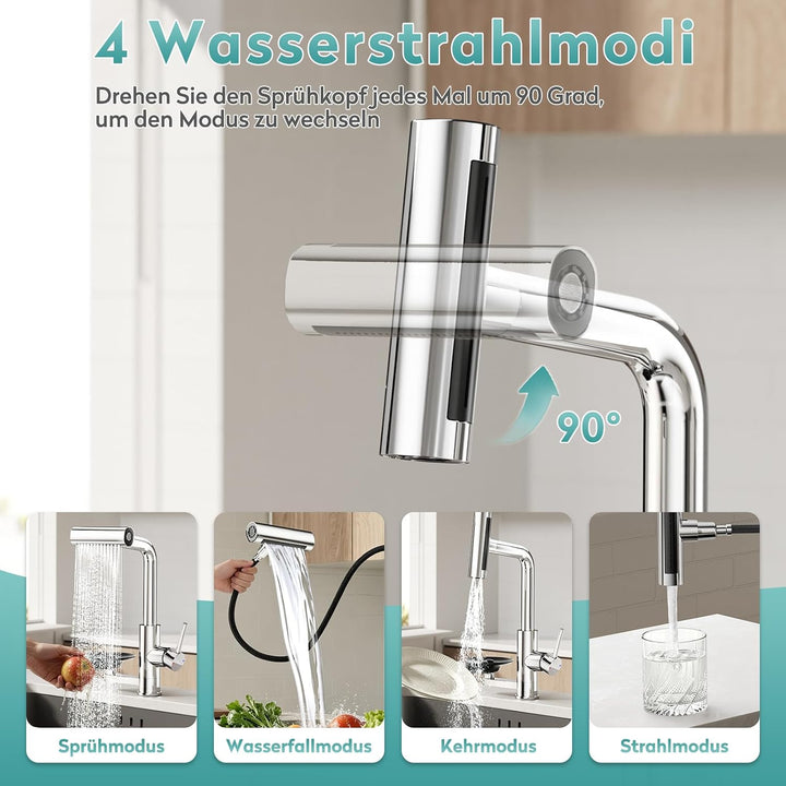 MIAOHUI Wasserhahn Küche mit Glasspüler, Chrom | 4 Funktionen Armatur Küche Ausziehbar, Einhebel küc