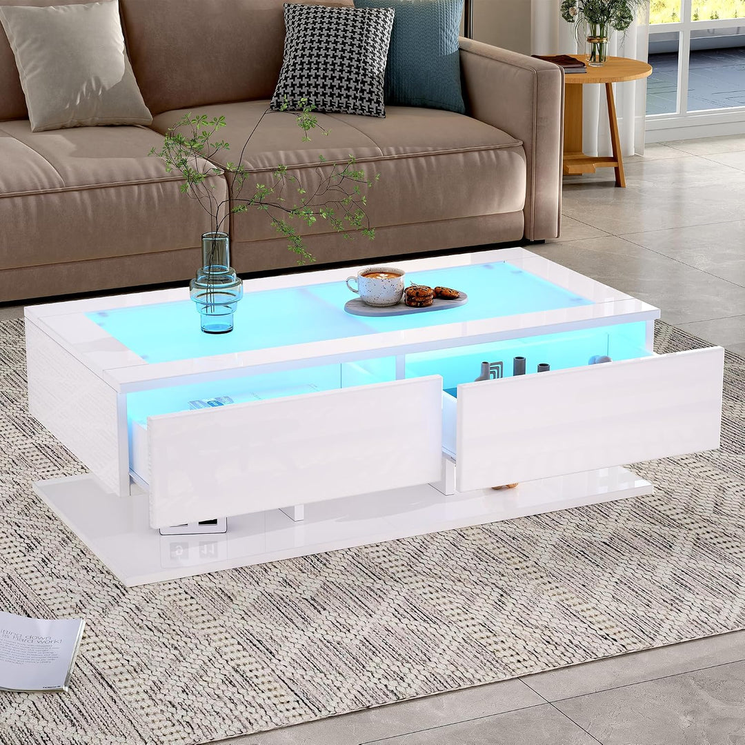 Merax Couchtisch Weiss, Wohnzimmertisch Hochglanz mit LED Beleuchtung, Modern Beistelltisch Kaffeeti