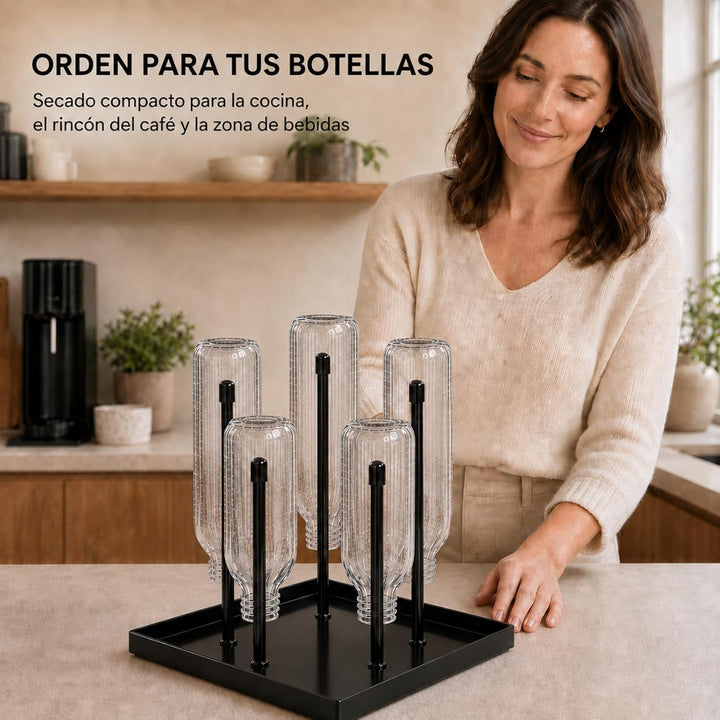 Metal Bottle Drying Rack with Stable Square Base for SodaStream &amp; Sports Bottles – Rust-Resistant Bl