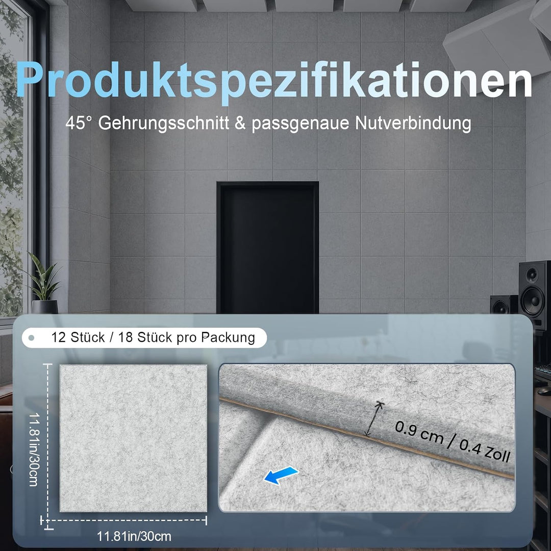 Akustikpaneele Selbstklebend für Wänd - Schallschutz Filz Wandpaneele 12-pack Grau Quadratisch, 12-p