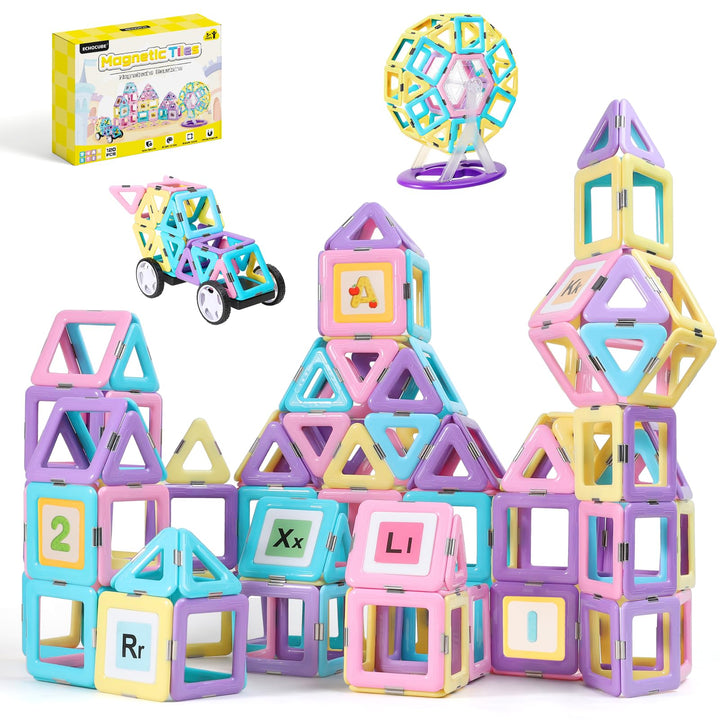 ECHOCUBE Magnetische Bausteine, 120 Teile Magnetische Kacheln mit Magnet Räde Set für Kinder ab 3 Ja