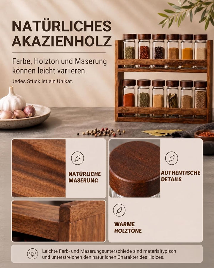 BRICARD Gewürzgläser Set 13-tlg., 12 x 120 ml, Holzdeckel, Akazienholzregal