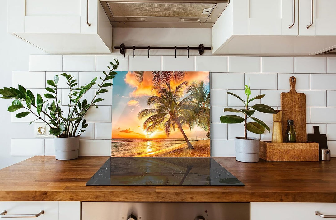 Palmen im Sonnenuntergang auf Barbados Herdabdeckplatte &amp; Spritzschutz aus Echtglas | Für Herd-Kochf