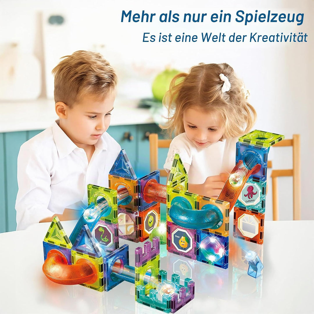 CELMAN Magnetspiel 75 Teile - Magnetbausteine Kinder mit Kugelbahn &amp; LED Licht - Magnetische Murmelb