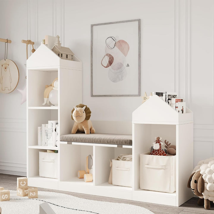 GarveeHome Kinderbücherregal Mit Kissen, Kinderbücherregal Aus Holz,Einzigartiges Dachdesign, Spielz