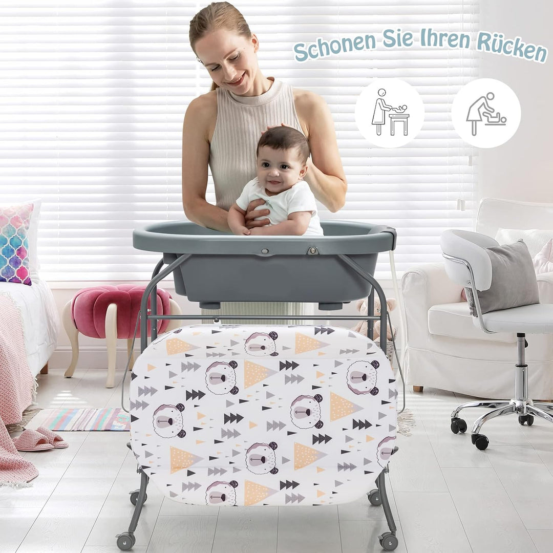 DREAMADE 2 in 1 Wickeltisch &amp; Badewanne mit Gestell, Wickeltisch Klappbar, Wickelkommode auf Rollen