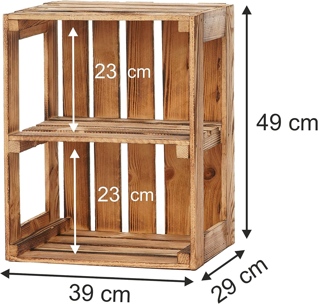GrandBox Geflammte Holz-Kiste 50x40x30cm mit Mittelbrett, Wein-Kiste, Obst-Kiste, Kaminholz-Kiste, D