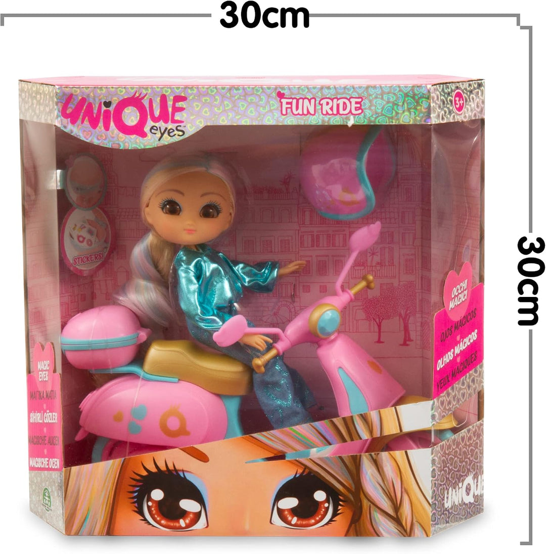UNIQUE EYES, Puppe 25 cm – Sophia, mit ihrem Blick nach den Augen, mit Roller, Spielzeug für Kinder