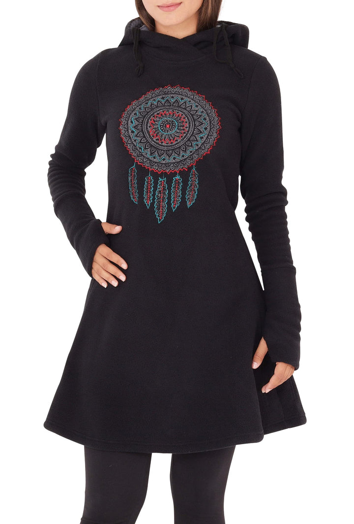 PUREWONDER Damen Kleid Fleecekleid mit Traumfänger und Kapuze dr31 S Schwarz, S Schwarz
