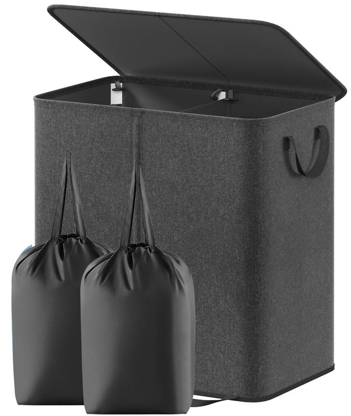 Lifewit Doppel Wäschekorb mit Deckel und abnehmbaren Wäschesäcken Schwarz 136L, Schwarz 136L