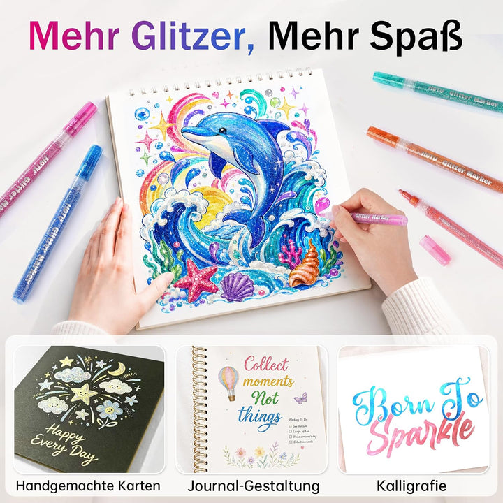 HOTU Glitzerstifte Set 12 Farben Glitzer Filzstifte Zeichenset 1-2mm, 12 Farben