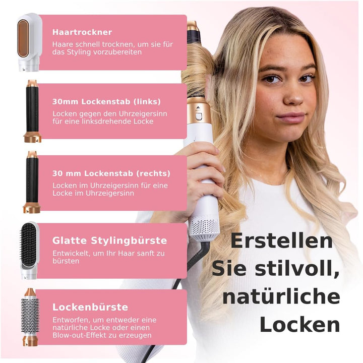 Largolash 5 in 1 Warmluftbürste Set, Schnelltrocknend Föhnbürste, Warmluft Lockenbürste, 3 Temperatu