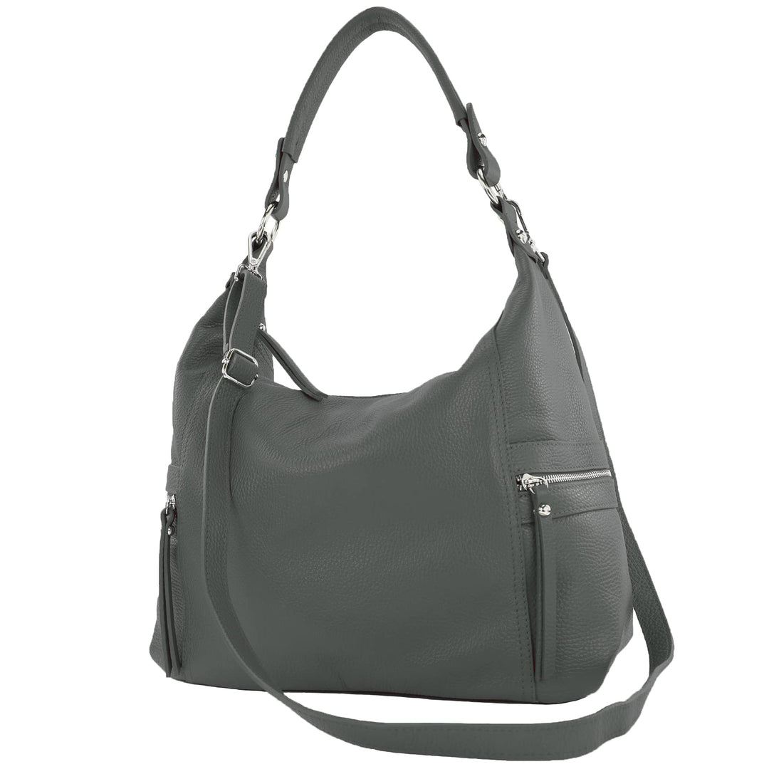 modamoda de - T229 - ital Schultertasche Shopper aus Leder Anthrazitgrau, Anthrazitgrau