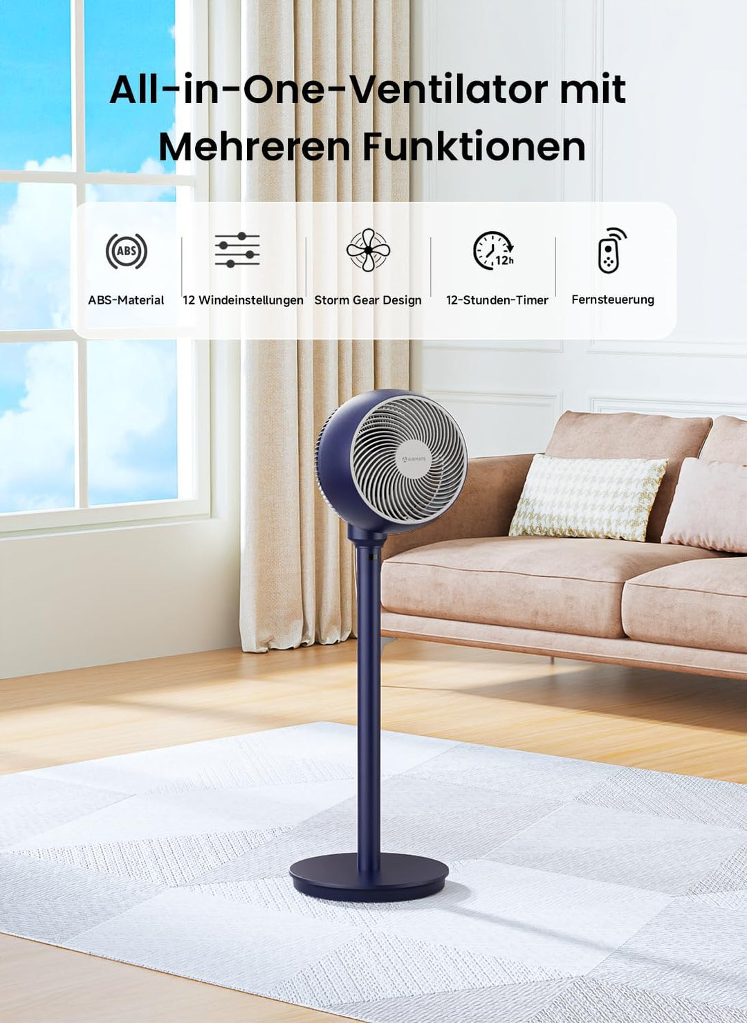AIRMATE 25dB Standventilator, Ventilator Leise 26M Windentfernung, 1600m³/h Luftvolumen Echt Turbo-L