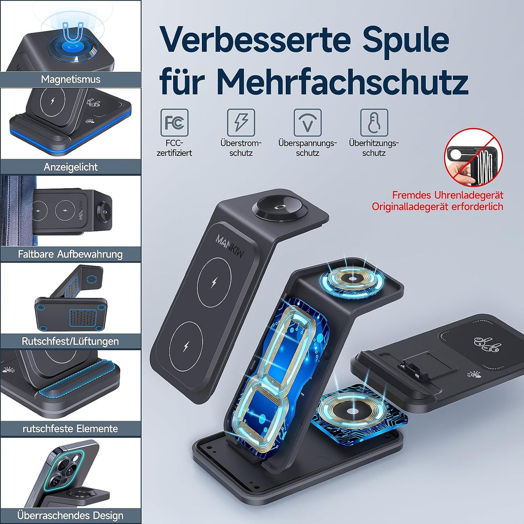 MANKIW 3 in 1 Ladestation für iPhone, iWatch und AirPods Schwarz, Schwarz
