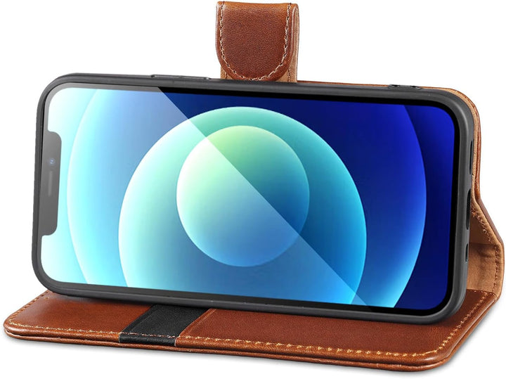 LENSUN Echtleder Handyhülle für iPhone 12 Mini, Dunkelbraun | Echtes Leder Hülle, Standfunktion, Mag