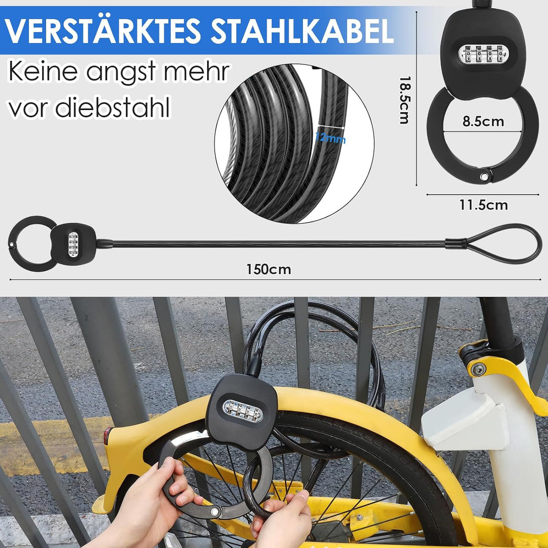 E Scooter Schloss mit Zahlencode, Schloss für E Scooter mit 4L Tasche, 150CM Handschellenschloss mit