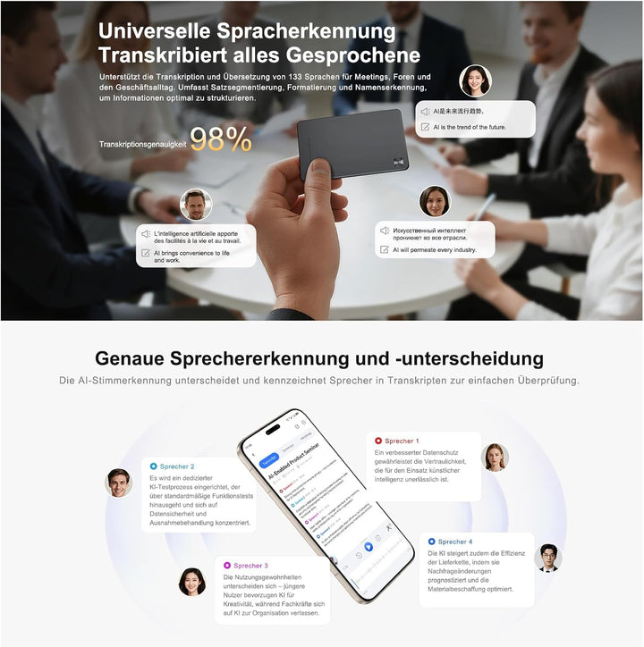 HONOR Choice AI Note Sprachrekorder, 600 Min/Monat Kostenlose Transkription, Digitales Diktiergerät