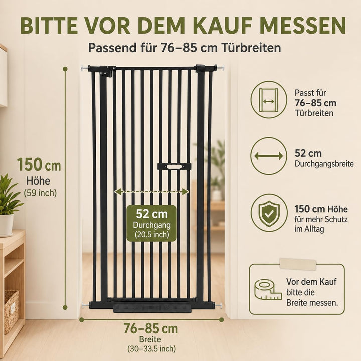 Kindergitter 150cm ausziehbar mit Einhandgriff und Doppelverriegelung Schwarz/Höhe:150 Cm/76-85 Cm B