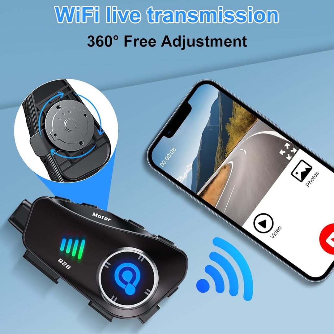 OBEST Helm-Headset mit Kamera, Bluetooth 5.3 Motorrad Headset, IP66 Wasserdicht, 1500 mAh Akku, 1080