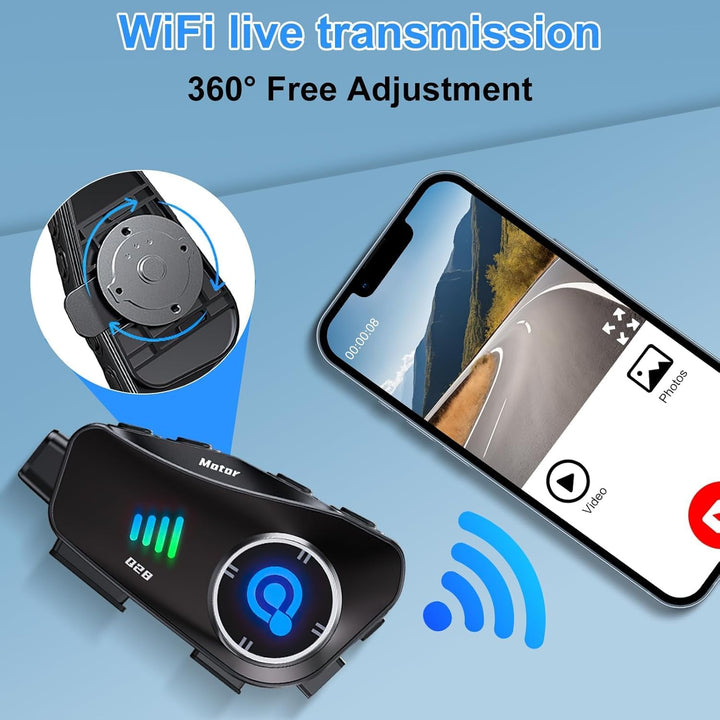 OBEST Helm-Headset mit Kamera, Bluetooth 5.3 Motorrad Headset, IP66 Wasserdicht, 1500 mAh Akku, 1080