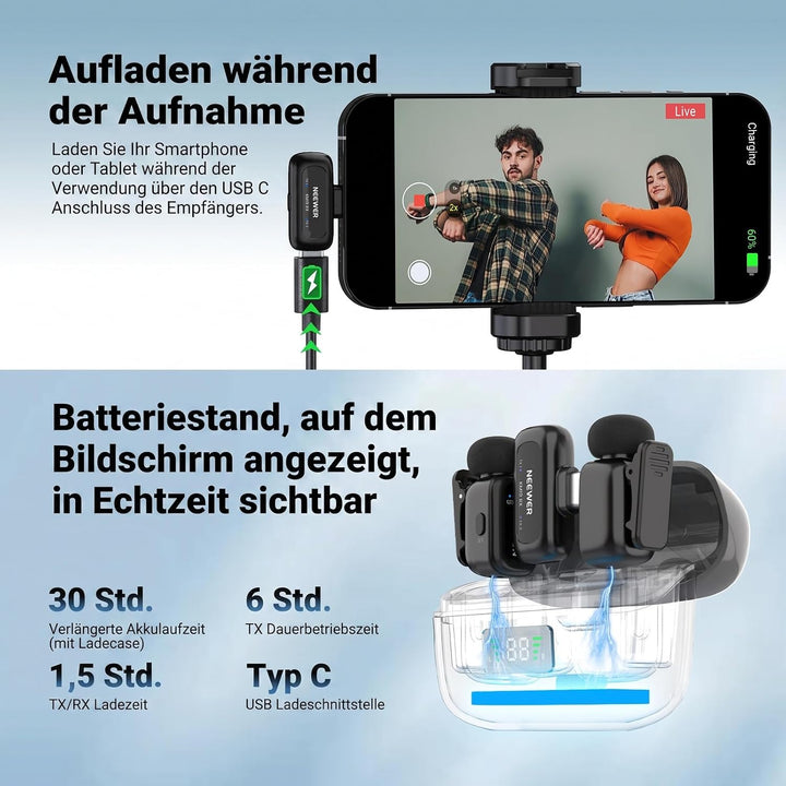 NEEWER KM19 Mini Drahtloses Mikrofon kompatibel mit iPhone 17 16 15,Schwarz