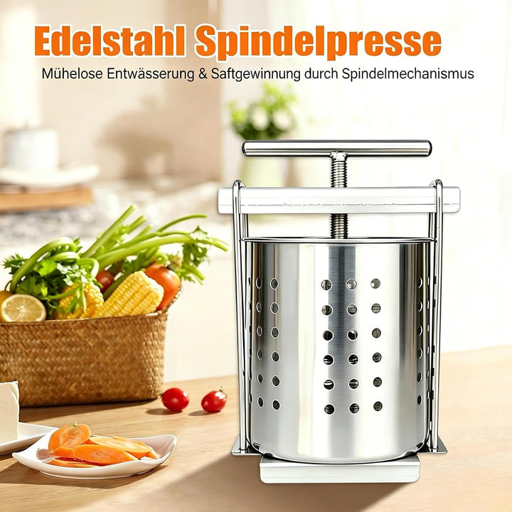 Edelstahl Gemüsepresse Manuell 2,5L – Spindelpresse zum Entwässern von Gemüse, Kohl und Sauerkraut –