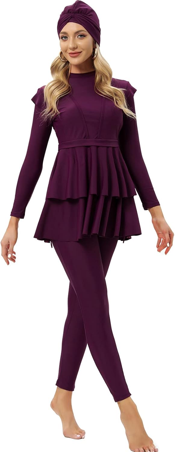 seafanny Damen Modest Badeanzug Langarm Burkini Full Cover Muslim Badeanzug 38 Wein Rot, 38 Wein Rot