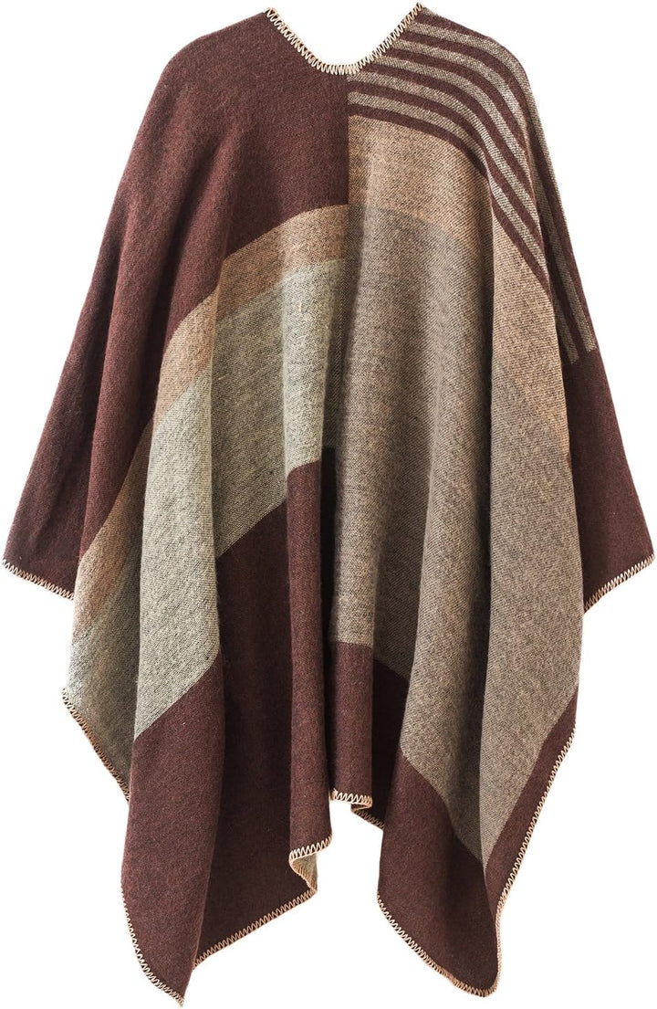 Damen Vintage Farbblocking Schal Wrap Open Front Poncho Übergrosse Winterdecke Elegant Cape Coat Ein