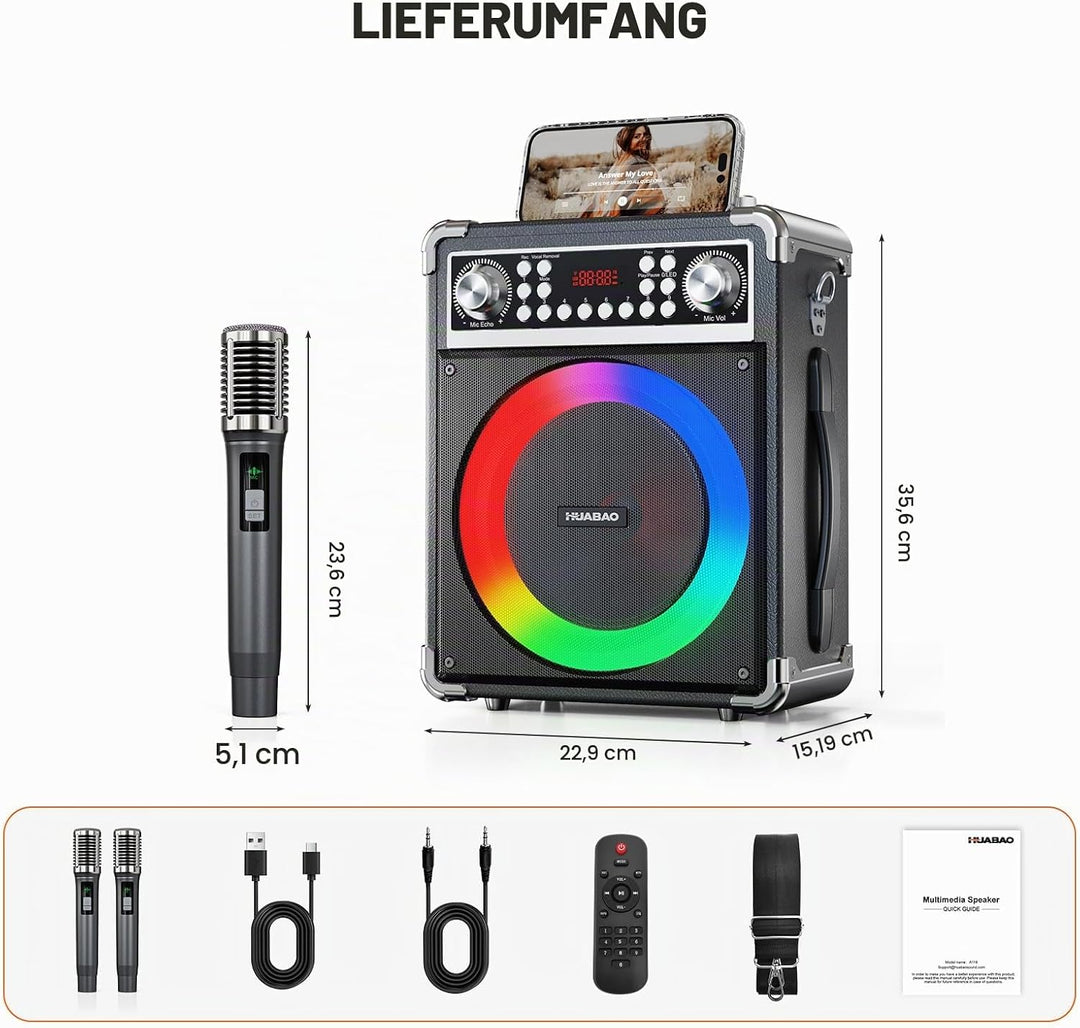 Karaoke-Maschine mit 2 kabellosen Mikrofonen, tragbarer Bluetooth-Lautsprecher für Erwachsene und Ki