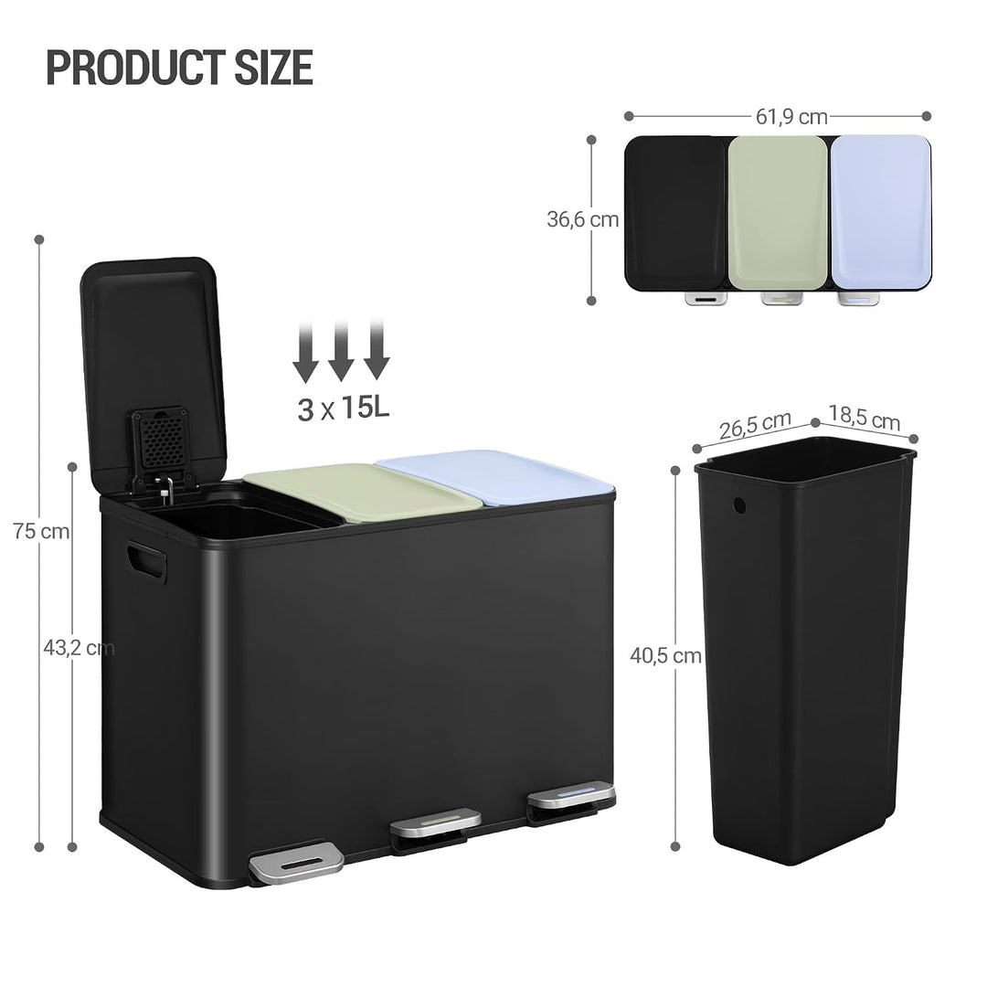 Hzuaneri Mülleimer Küche, 3 x 15 L, Mülltrennsystem 3 Fächer, Mülleimer mit Farbigem Soft-Close-Deck