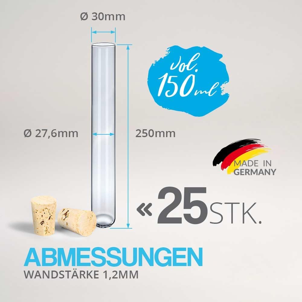 Tuuters Glas Reagenzglas mit Korken 25 Stück (250 x ø 30 mm) Gewürzgläser | Reagenzgläser für Blumen