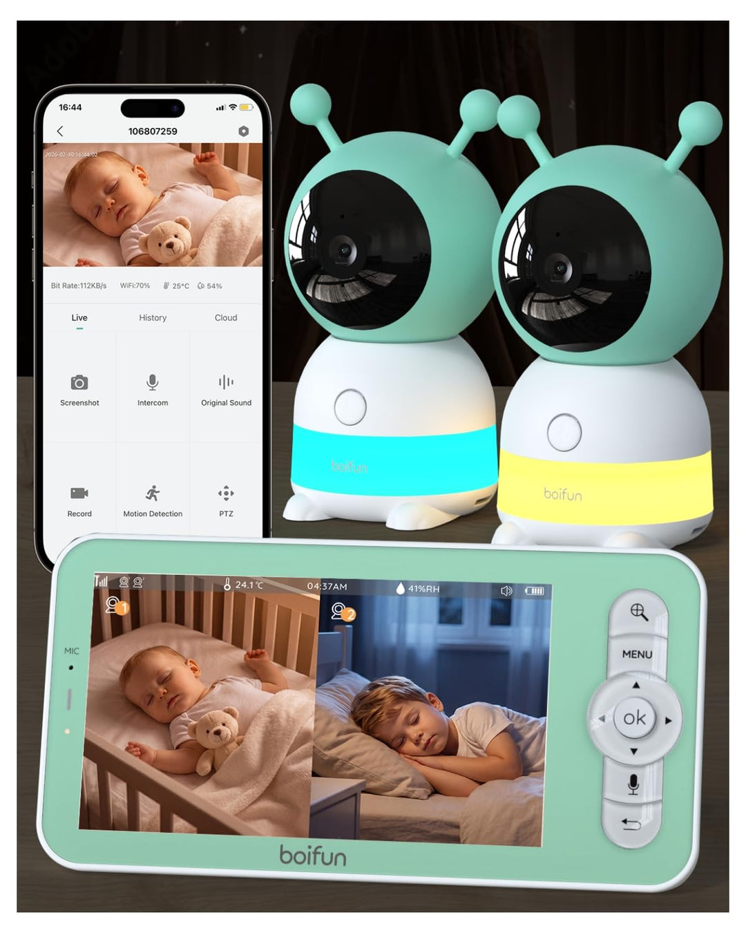 BOIFUN Babyphone mit 2 Kamera App, 2K HD Bild, PTZ 355°/60°, 4×Zoom, Automatische Verfolgung, Weinen