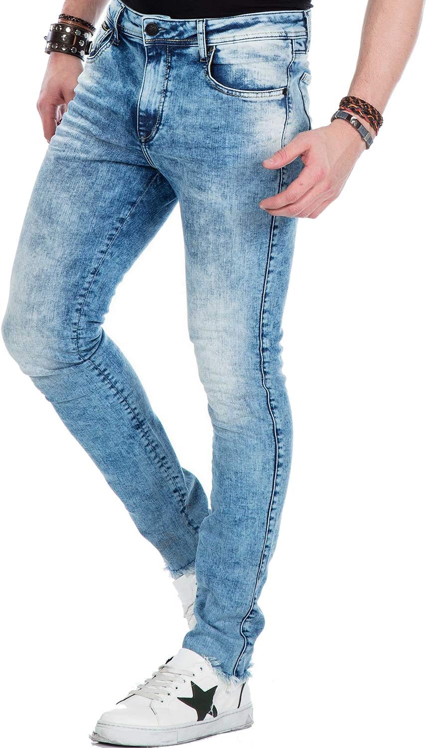 Cipo Baxx Herren Used Jeans Hose Frayed-Legs Slim Fit Design Hose Blau W42 L34