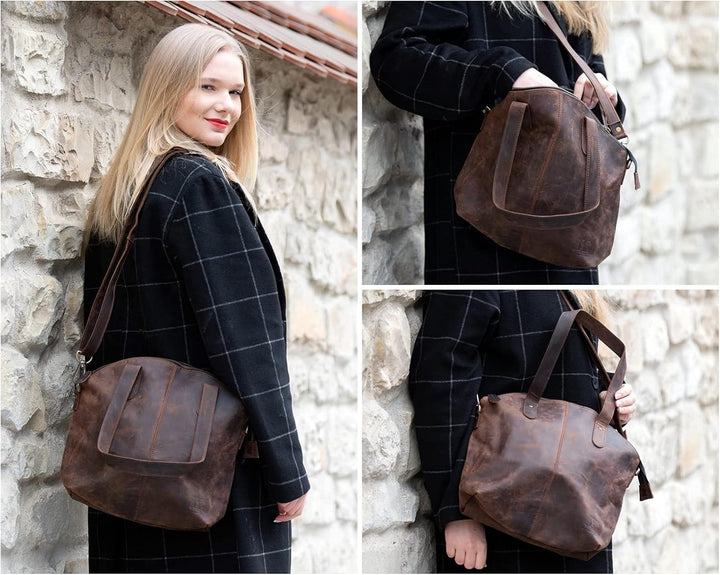 LECONI Shopper Schultertasche Damen Handtasche Ledertasche Natur Henkeltasche aus Leder Damentasche