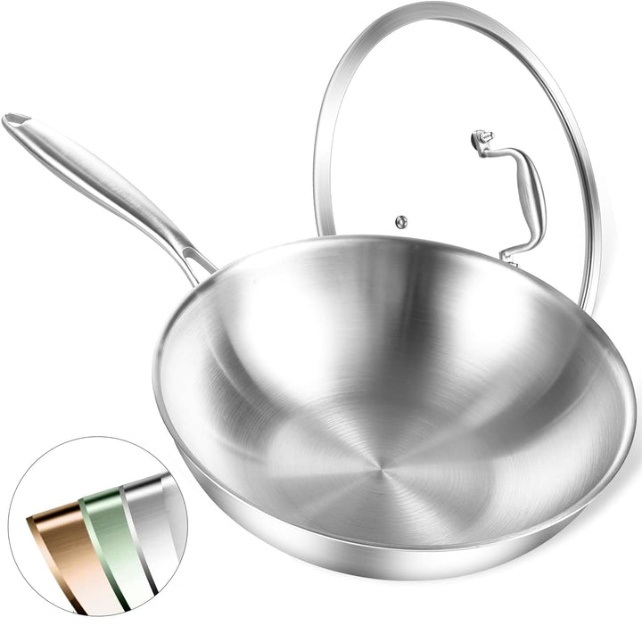 Edelstahl Wokpfanne 32 cm Induktion, Durchgehend 3-lagig Wok 32cm, 32cm