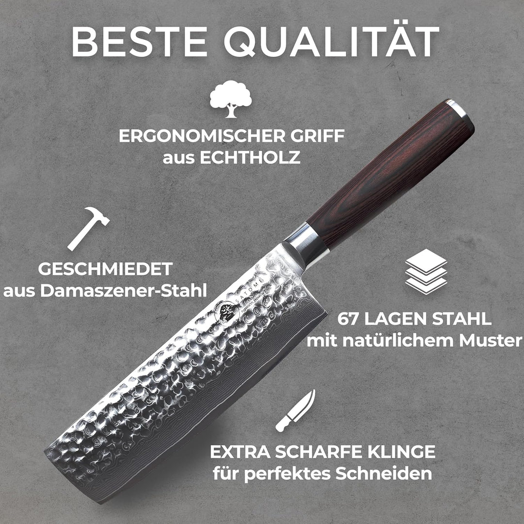 SATOMI® Nakiri Messer mit 18 cm Klinge gefertigt aus 67 Lagen Damaststahl traditionell Japanischer S