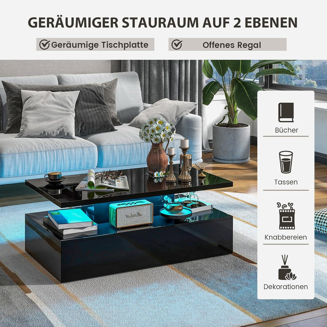 COSTWAY LED-Couchtisch Hochglanz, Wohnzimmertisch mit einstellbaren Lichtfarben &amp; Helligkeit, Fernbe